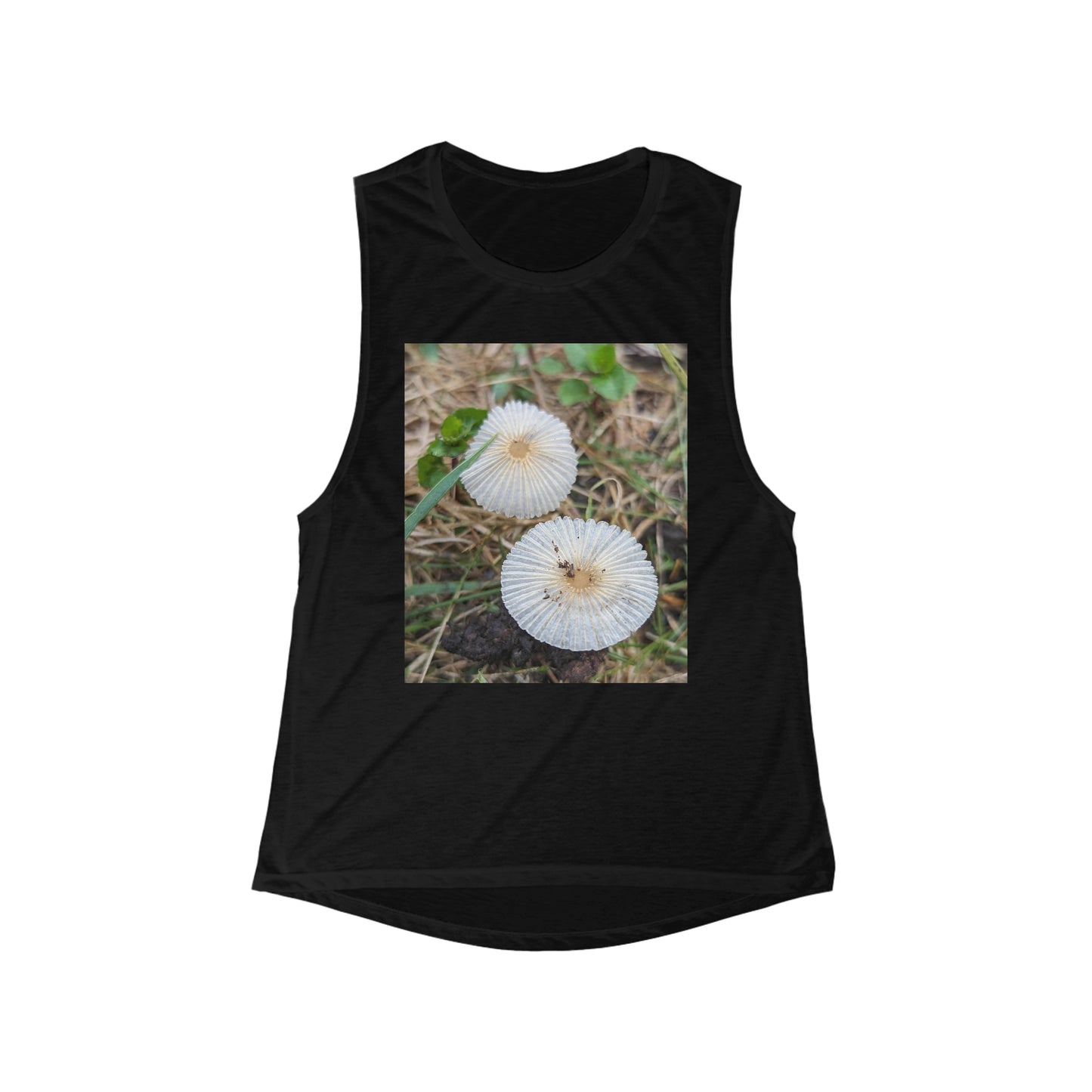 Ruffly White Umbrella Mushrooms- Women's Flowy Scoop Muscle Tank